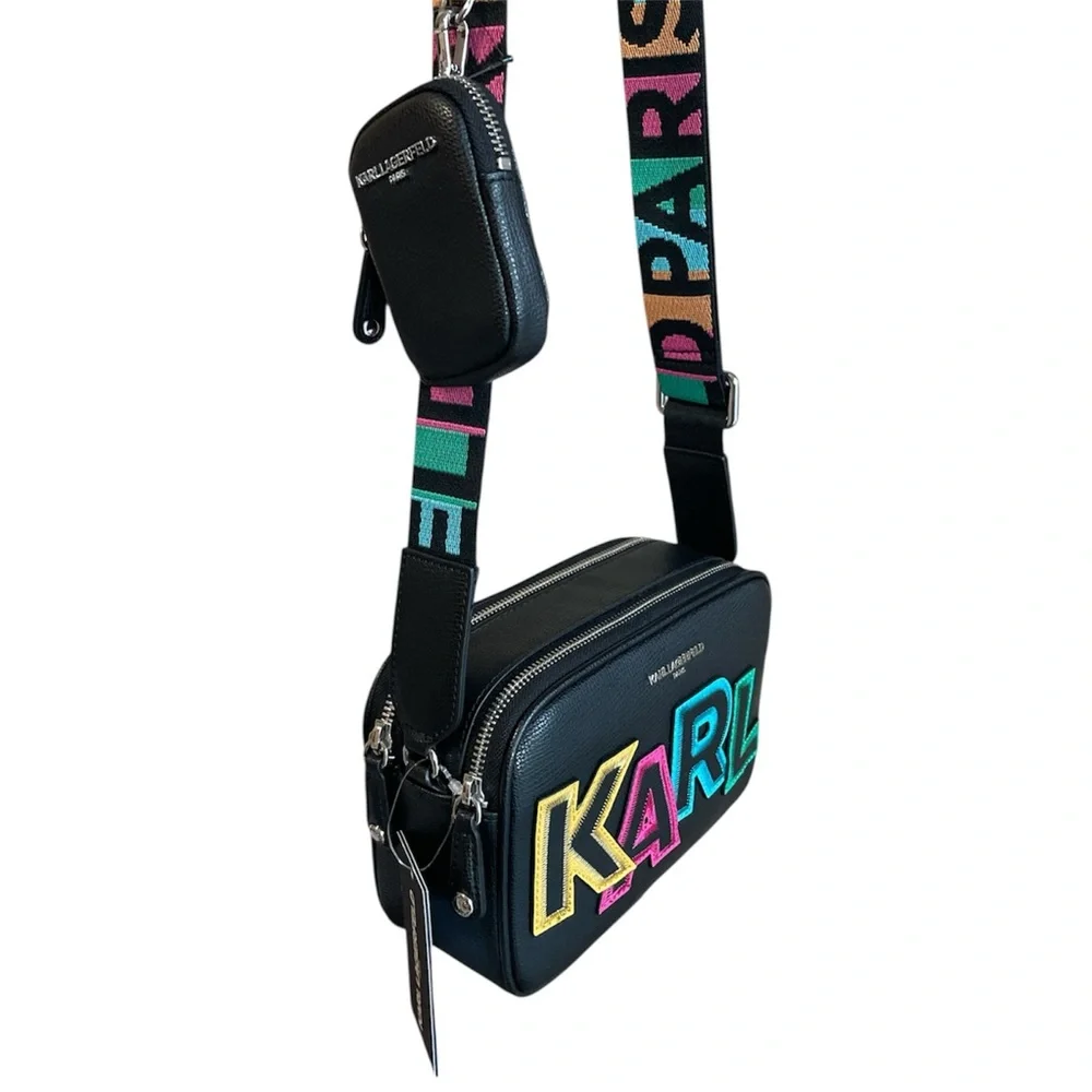 Karl Lagerfeld Black Crossbody Bag Multicolor Logo | NWT Designer Purse - Picture 7 of 9